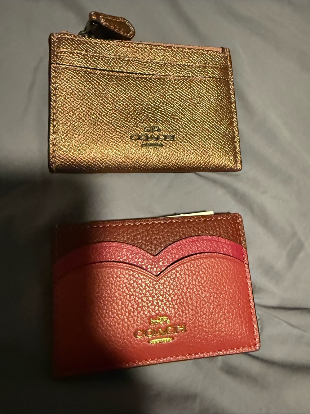 Coach Metallic Gold Zip Card Holder with Brown and Red Leather Card Sleeve